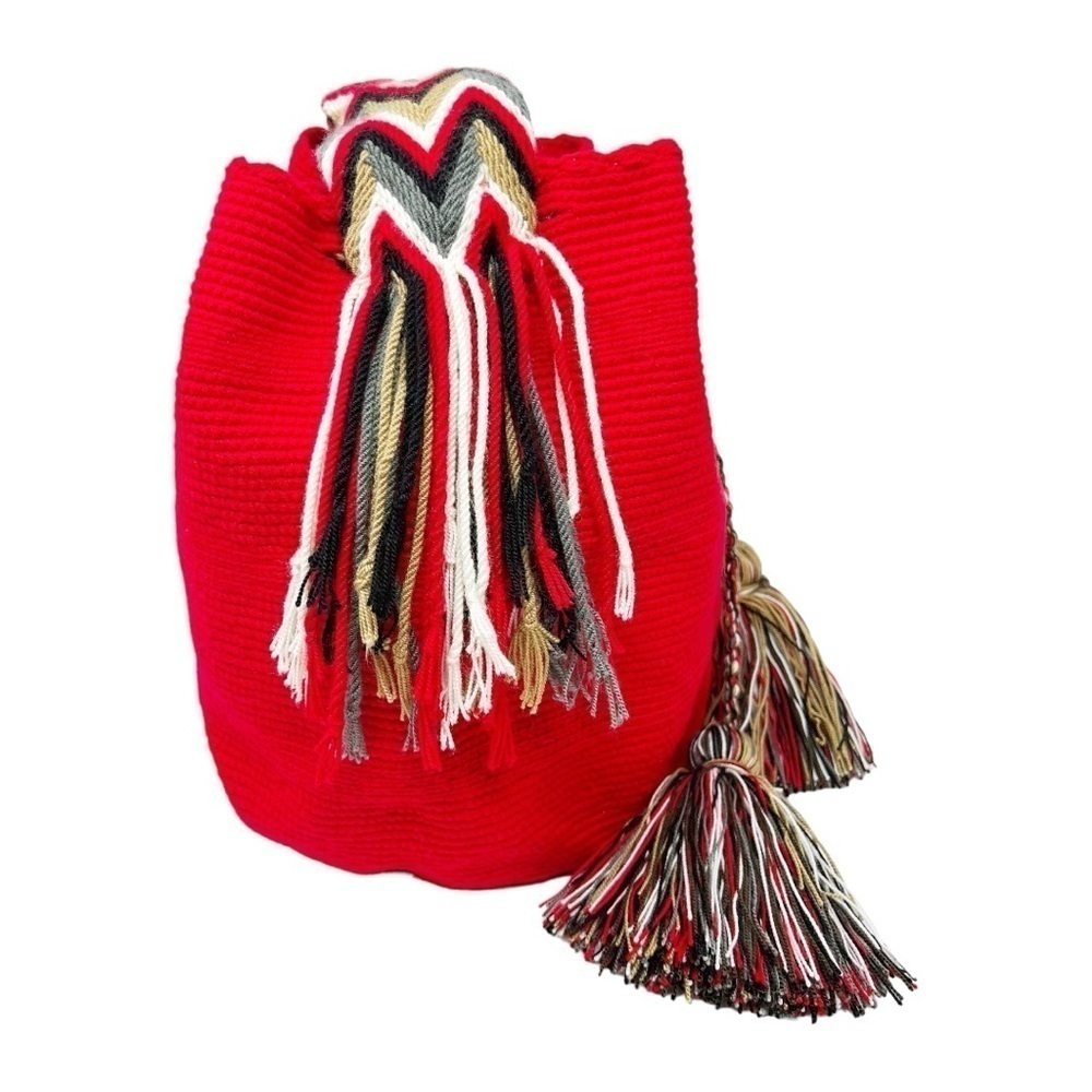 Bag Wayuu Mochila Bucket Boho Colombia Rioacha Red White Black Tan Purse - Picture 3 of 8